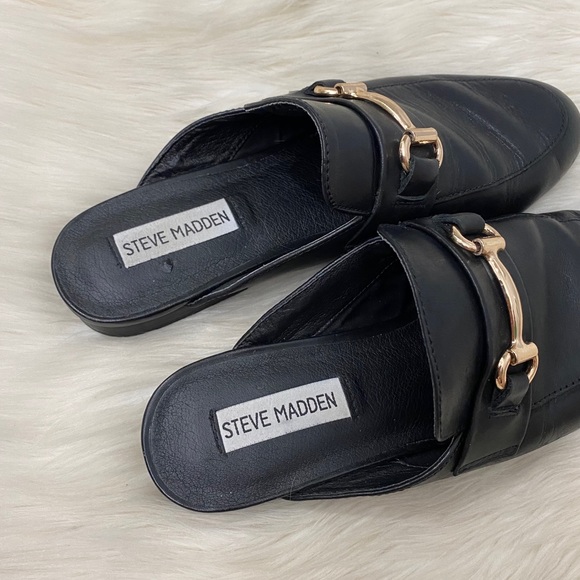 Steve Madden Black Leather Horsebit Loafers Mules - Picture 5 of 9
